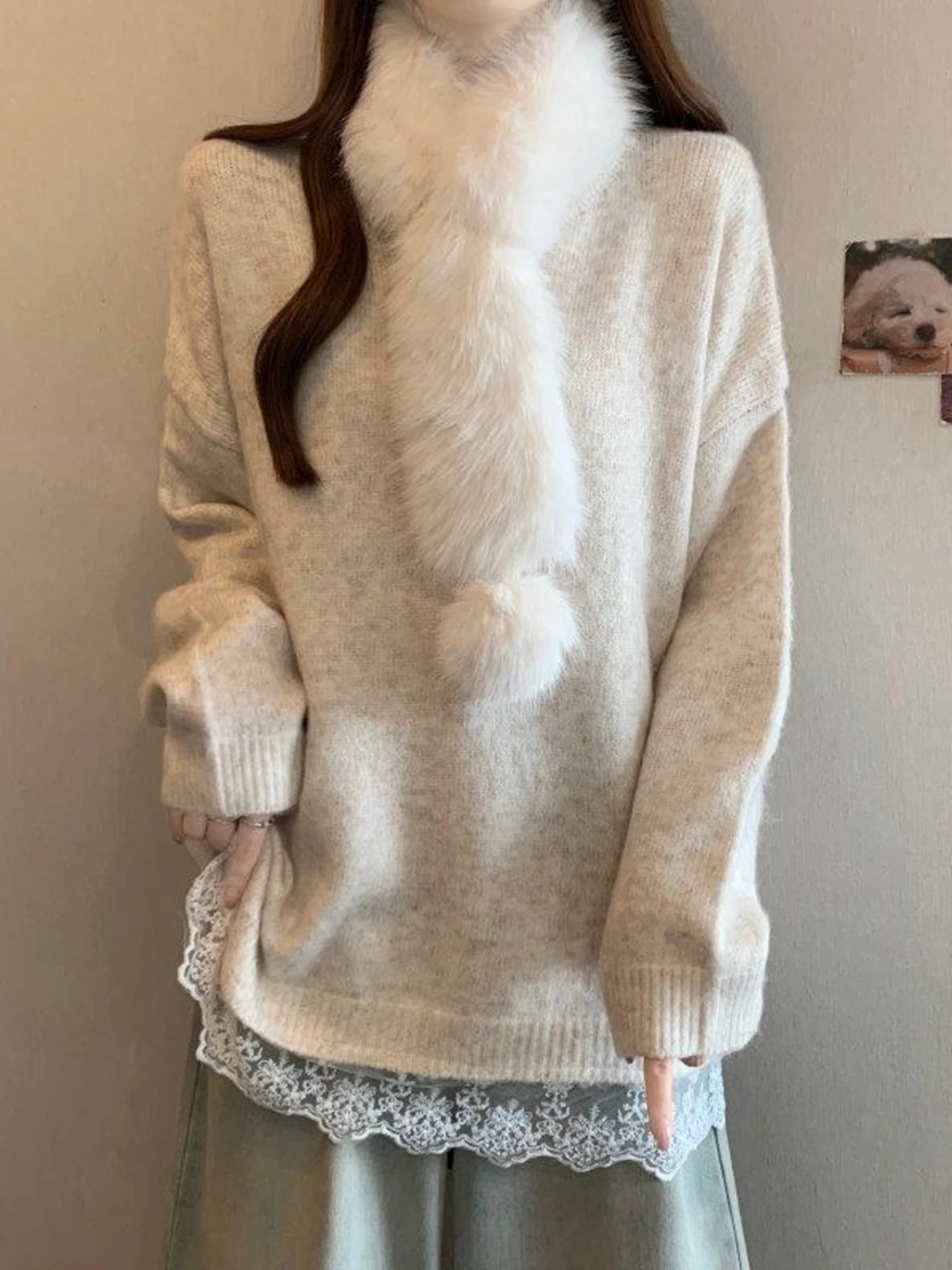 

Женский вязаный свитер оверсайз с шарфом, больших размеров, осенне-зимний, стройнящий, средней длины, имитация двухслойности