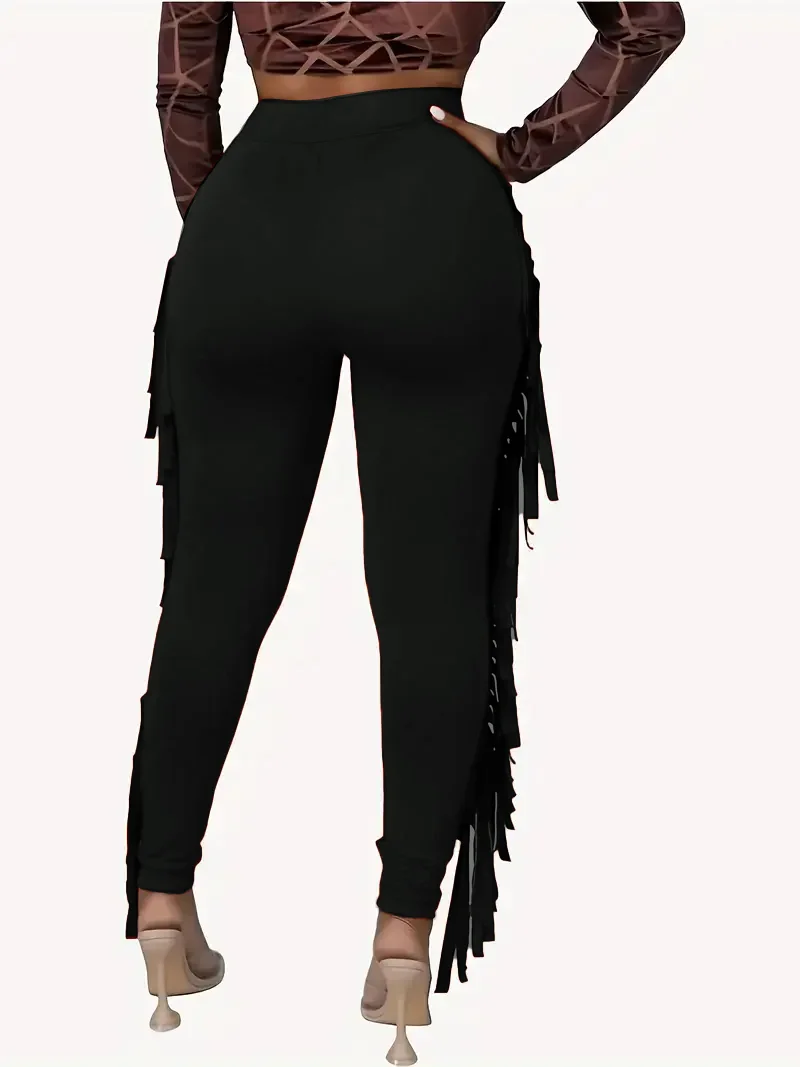 Plus Size Tassel Trim Skinny Leggings Casual High Waist Stretchy Leggings For Spring Summer Women\'s Plus Size Clothing 2024