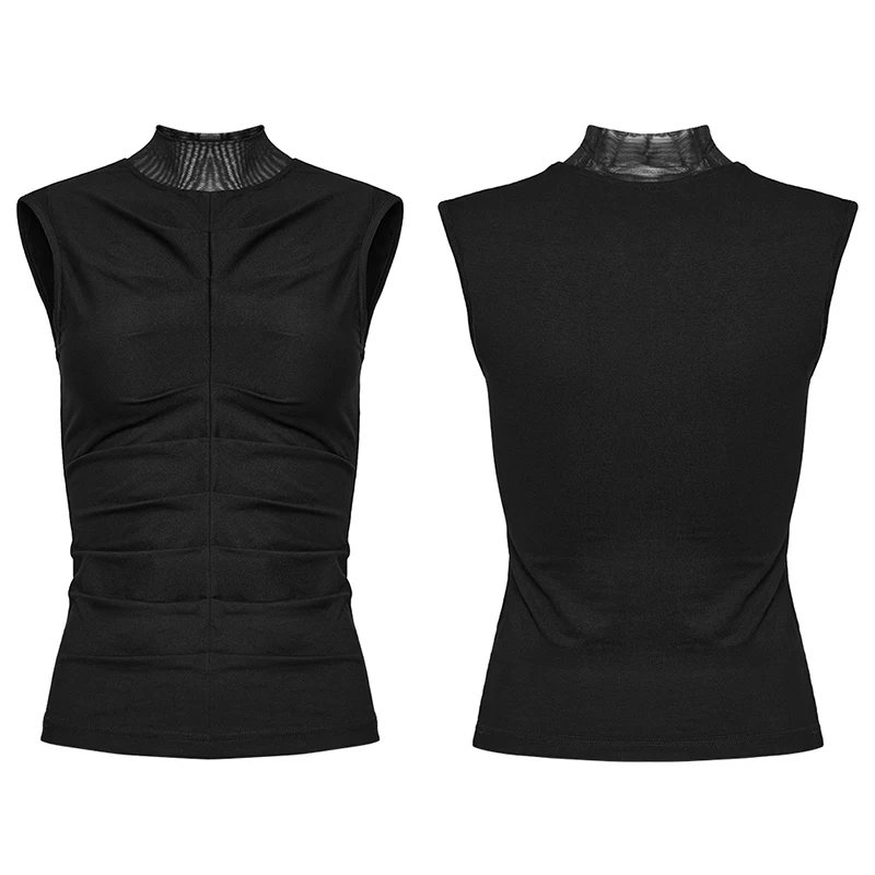 PUNK RAVE Women's Gothic Sleeveless Top, Black Cotton Elastane Polyamide Mesh High Neck Slim Fit Tee WT820