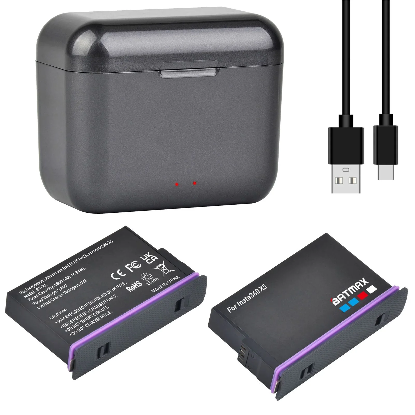Batmax Battery for Insta360 X5 Camera 2800mAh + Dual Fast Charger For Insta 360 X5 Action Camera Accessories