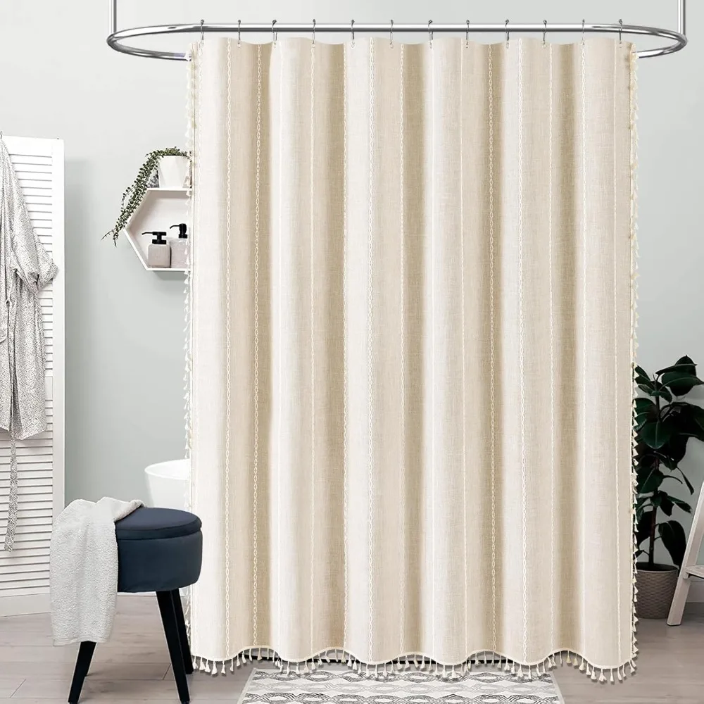 Bohemian Shower Curtain, Linen Rustic Weighted Striped Shower Curtain Set with Tassels, Waterproof, Vintage Shower Curtain