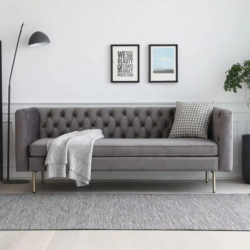 

Velvet Sofa Tufted Furniture Golden Legs 3 Seats Modern Living Room Green Grey Pink Blue
