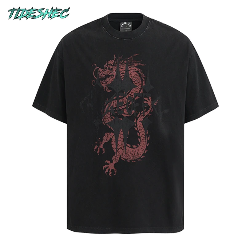 

Hip Hop 2024 Retro Washed Black T-Shirt Streetwear Dragon Graphic T Shirt Cotton Harajuku Unisex Tshirt Men Tops Tee Y2K