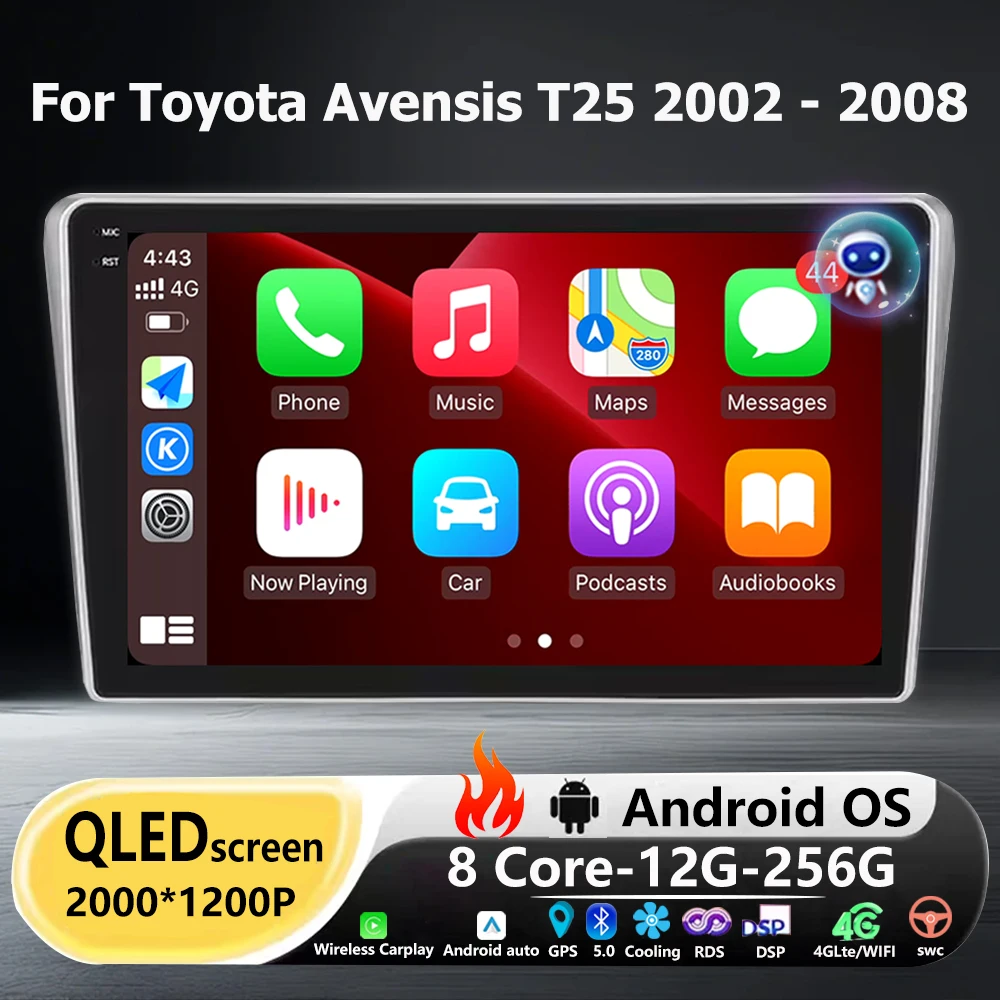 

Car Radio Multimedia Video Player GPS Navigation QLED Touch Screen For Toyota Avensis T25 2002-2008 Android 16 Auto CarPlay DSP