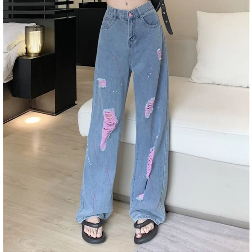 Jeans for Women with Torn Holes 2023 Spring/Summer New High Waist Slim Loose Casual Straight Leg Wide Leg Pants Trend