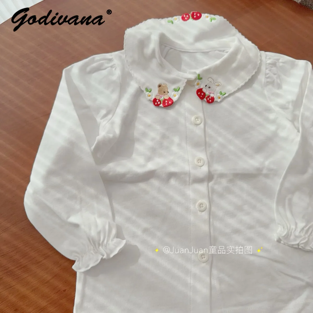 Baby Girls Japanese Bear Strawberry Embroidery Bottom Blouse Doll Collar Puff Sleeve Bunny Vest Dress Spring and Summer Sets