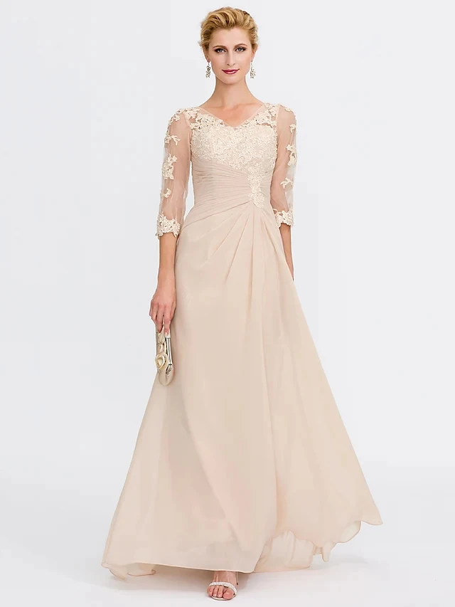 Champagne Mother of the Bride Dress See Through V Neck Floor Length Chiffon Sheer Lace Half Sleeve Party Gown Robe De Soiree