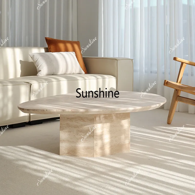 Oval special-shaped medieval natural travertine coffee table French retro living room tea table