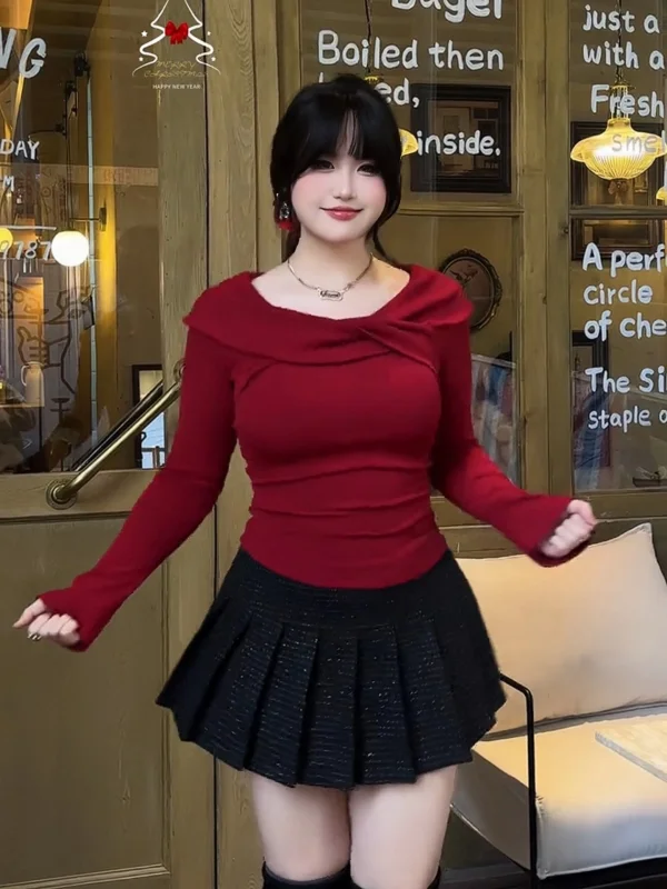 

plus Size Red Knitted Slim Fit Base irt Asymmetrical Korean Sle Commute Wear Winter Long Sve T-irt for plus Size Girls