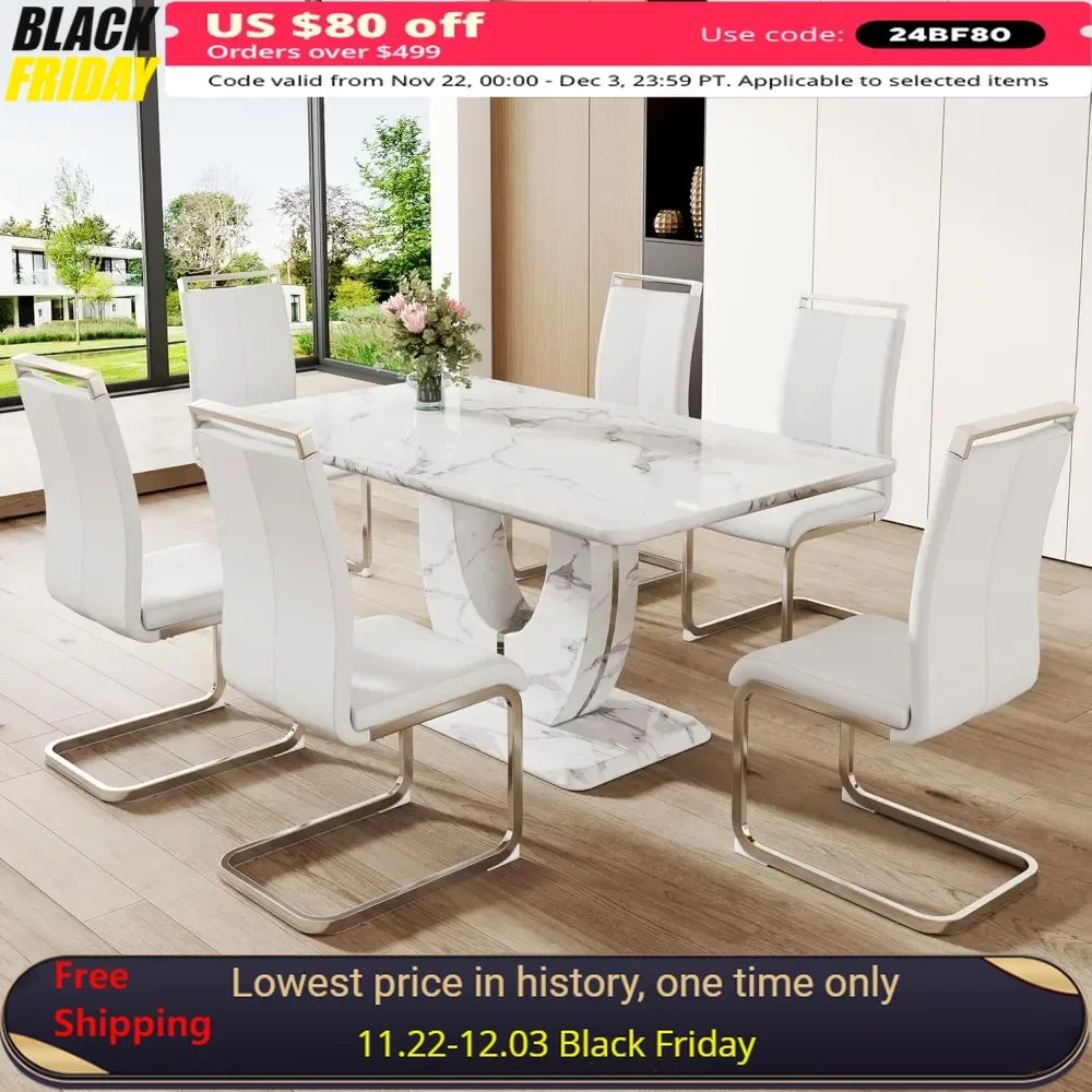 

Dining Table Set for 6, Faux Marble Dining Room Set, 63" Rectangle Table Chairs Set, 7 Pcs