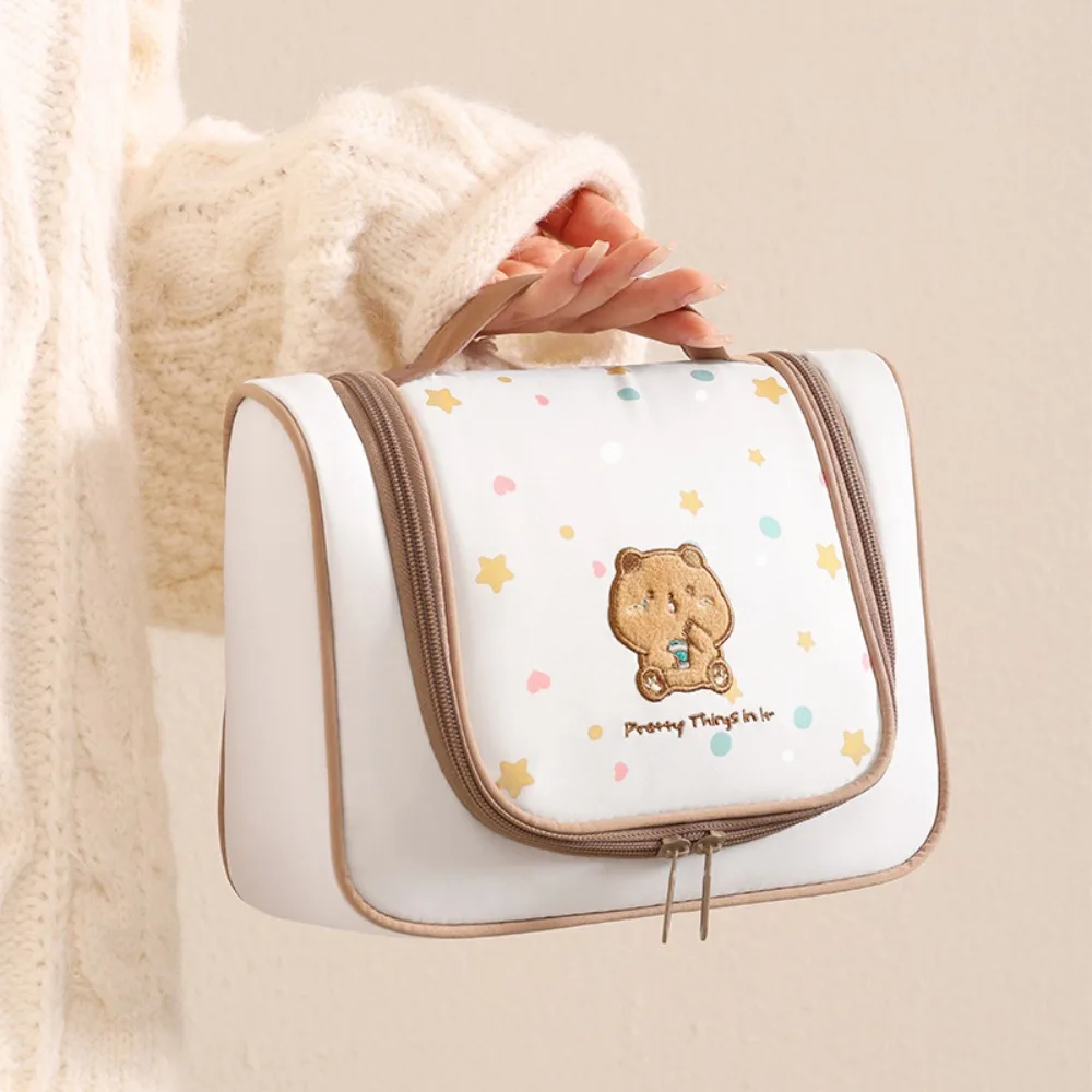 Cartoon Embroidery Cosmetic Bag Hanging Large Capacity Travel Toiletry Bag with Separate Compartments Portable Makeup Organizer