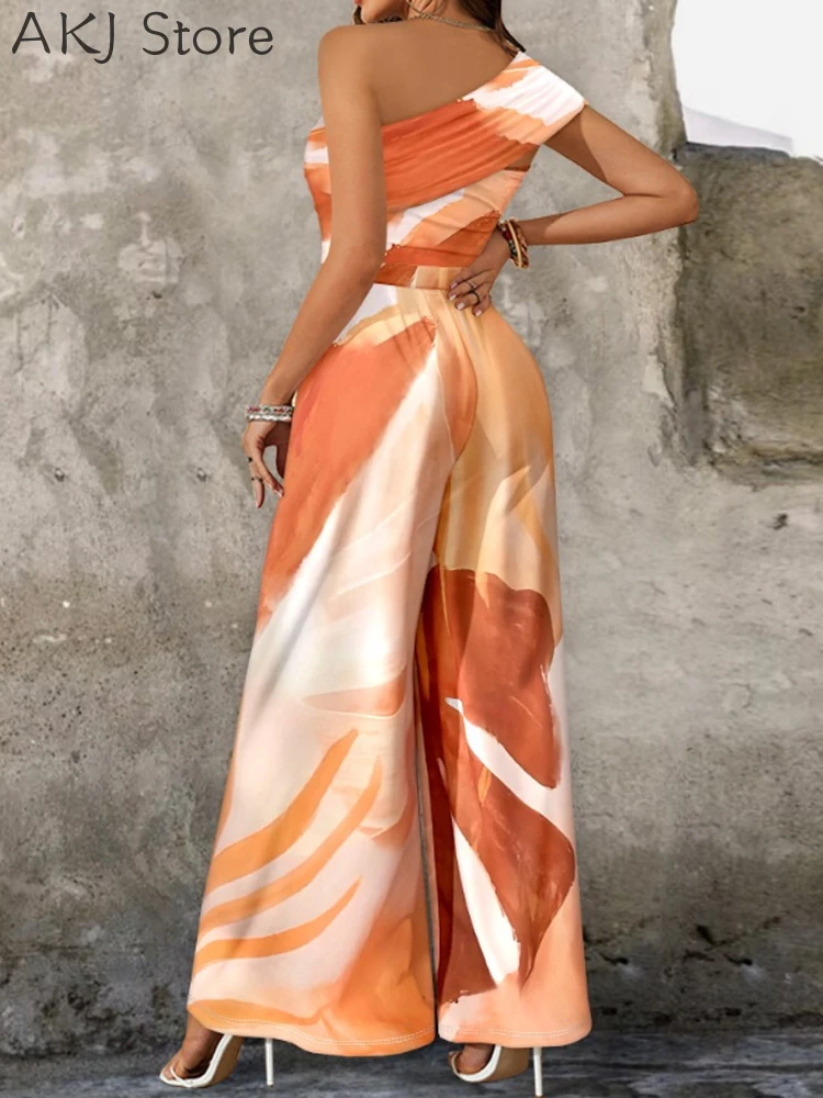 Mulheres estampadas um ombro sem mangas macacão plissado casual perna larga macacão