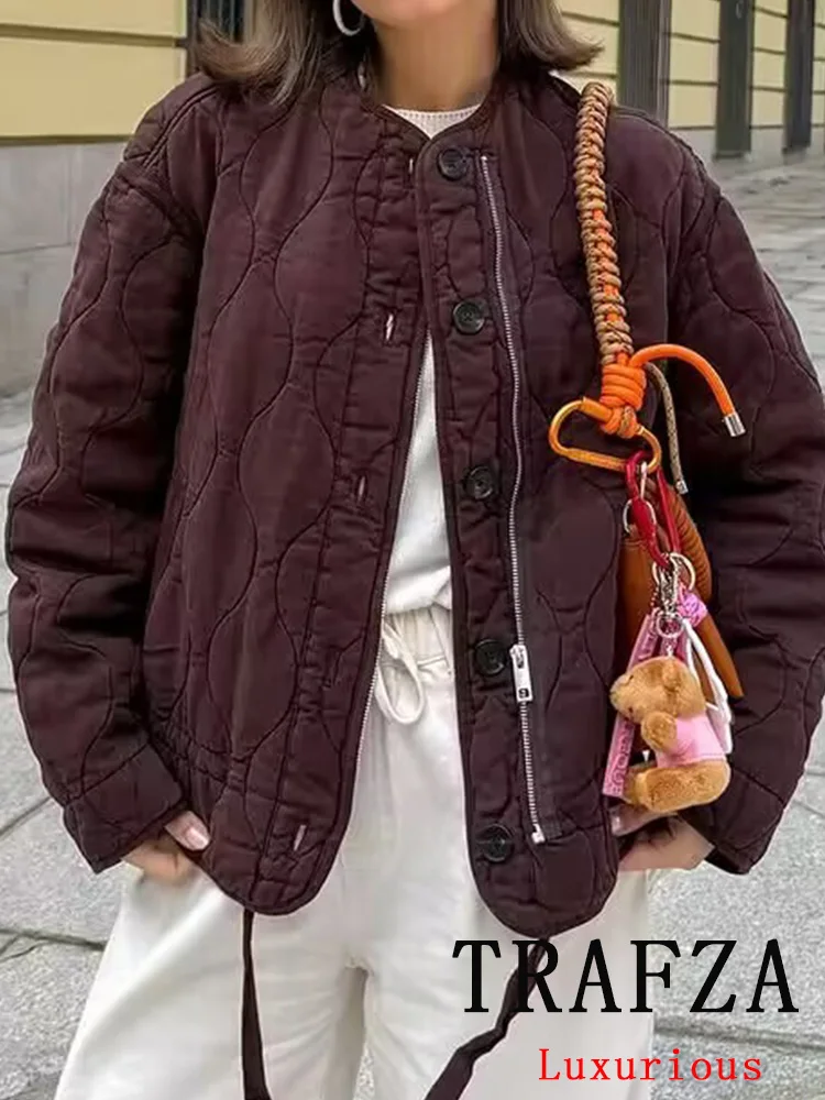 

TRAFZA Vintage Casual Chic Women Coats Solid O-Neck Single Breasted Loose Thick Jackets Fashion 2025 Autumn Winter Female Coats