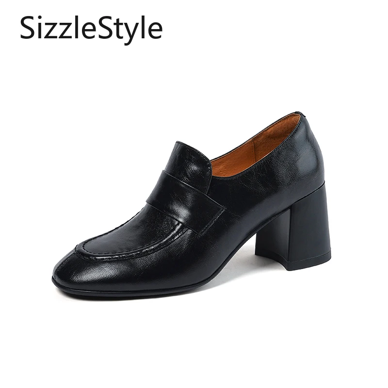 

Fashionable Genuine Leather Round Toe Deep Mouth Comfortable Thick Heel Stitching Slip-on Shoes for Women