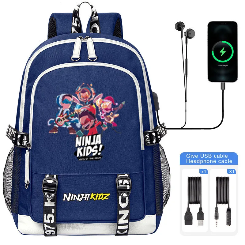 Mochila con estampado de dibujos animados Ninja Kidz para niños, bolso escolar USB de gran capacidad, estudiantes, adolescentes, portátil, bolso de hombro, regalo