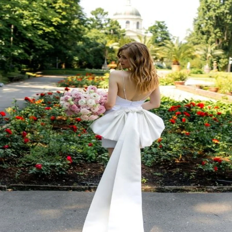 Vestido corto de satén de seda, minivestido desmontable de gran tamaño con lazo, estilo romano