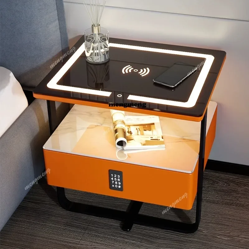 D80 Smart Nightstand Wireless Charging Station LED Light Dimming Password Lock Modern Side End Storage Cabinet Bedroom Living Ro