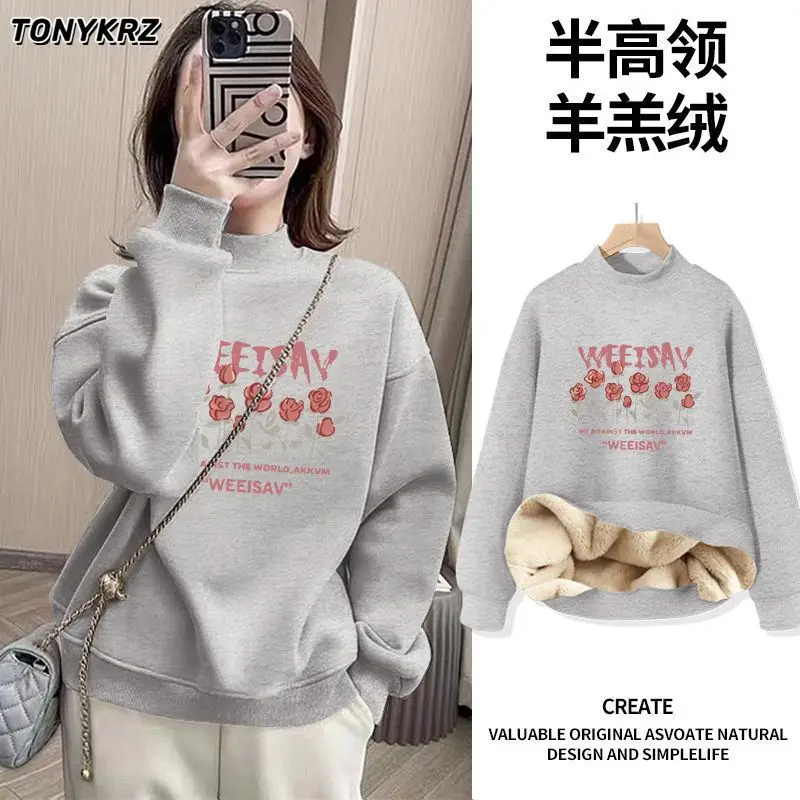 Half High Collar Plus Fleece Hoodie for Women Popular New Item Thick Lamb Fleece Warm Top