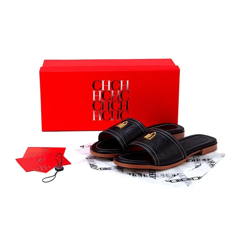 CH moda estampado de monograma diseño elegante zapatillas de tacón bajo para mujer Color sólido alta calidad cerradura de Metal zapatos individuales simples