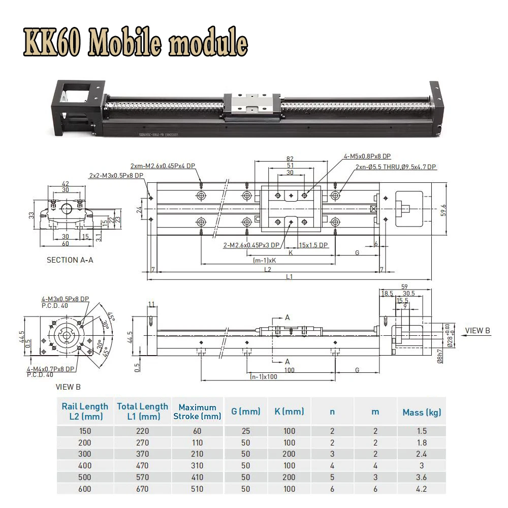 KK60 Linear Moving Module,High Precision Ball Screw Sliding table ,5/10mm Lead Accuracy,Repeatability ± 0.01,60mm-510mm Stroke