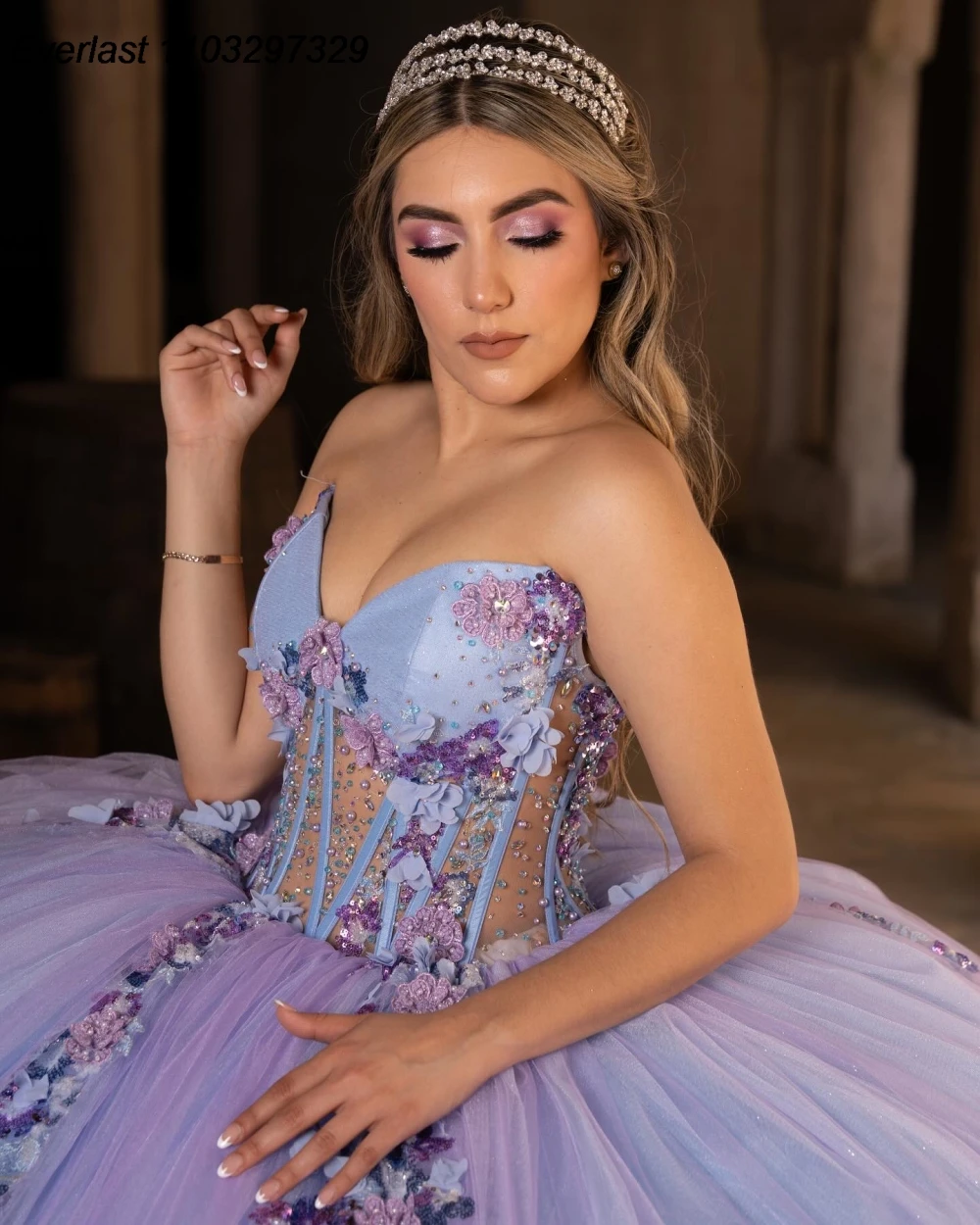 EVLAST Shiny Purple Quinceanera Dress Ball Gown 3D Floral Applique Beading Mexican Corset Sweet 16 Vestido De 15 Anos QD1018