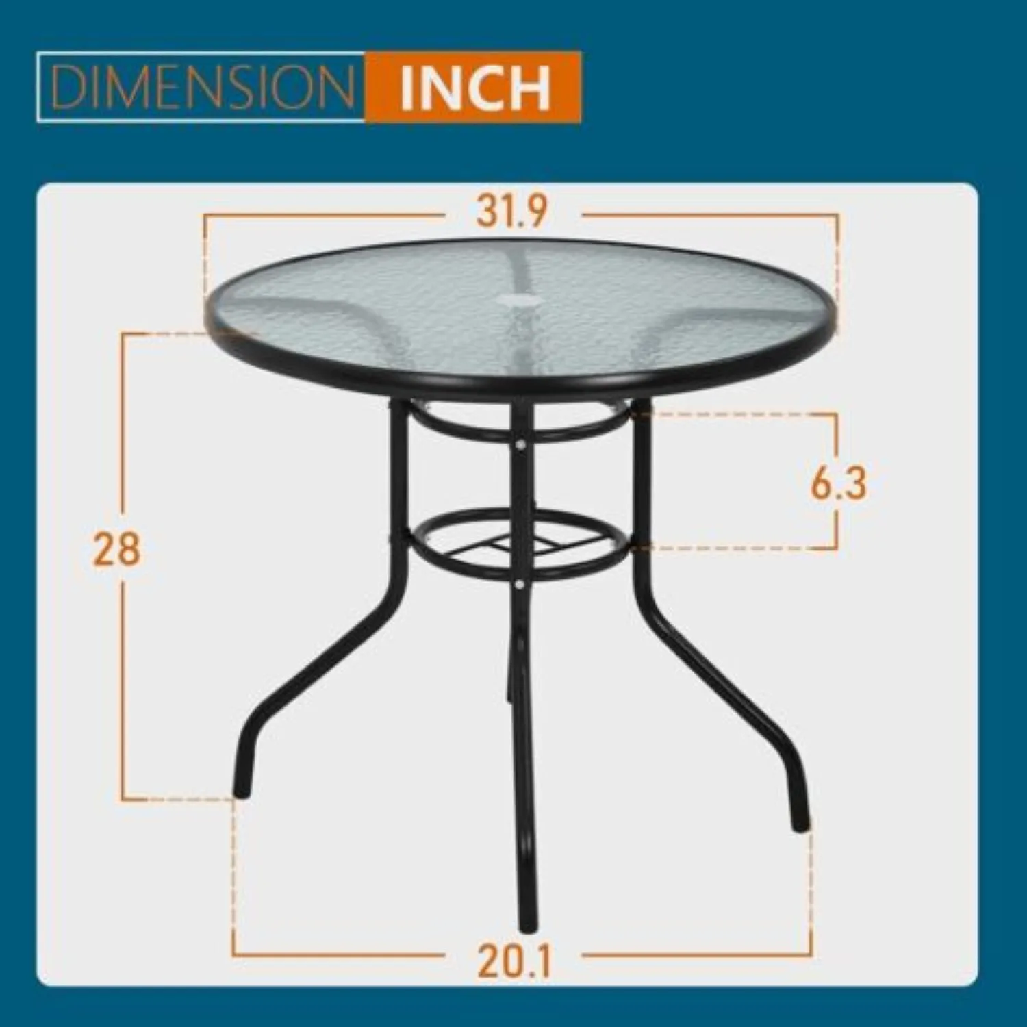 US  Outdoor Dining Round Patio Bistro Tempered Glass Table Top With Umbrella Hole