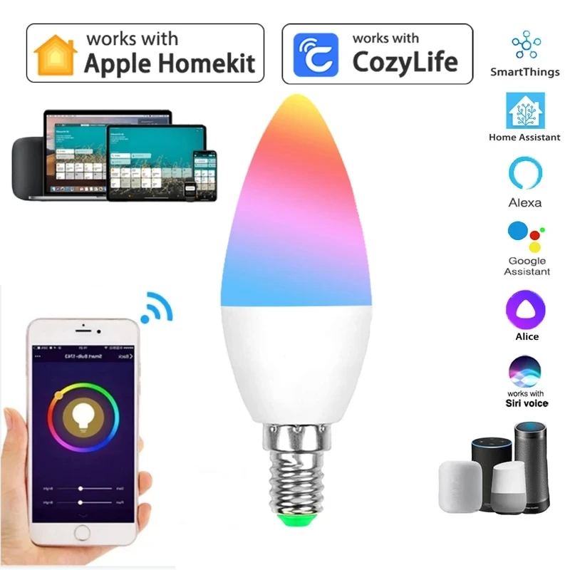 RSH HomeKit Smart LED Light E14 Candle Lamp WiFi RGB+CW Bulb Dimmable Colorful Cozylife APP Control Works with Alexa Google Siri