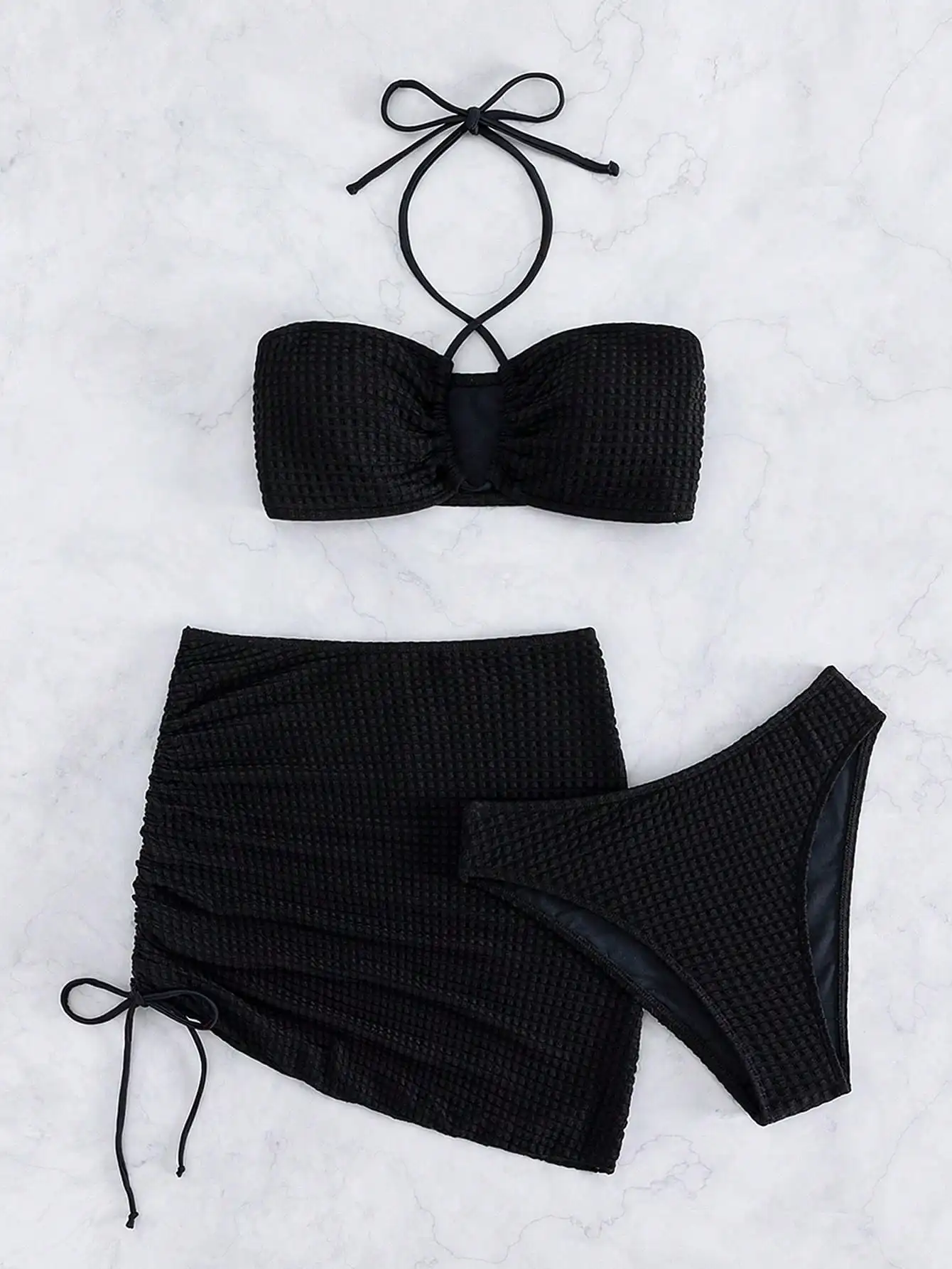 

Black Waffle Texture Halter Bikini Set With Sarong Skirt For Beach Vacation