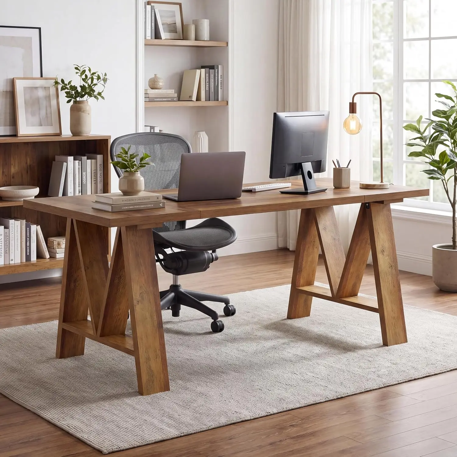 Farmhouse Executive Desk Brown Wooden Computer Desk with Spacious Desktop & Metal Bars for Home Office Study Writing, Customized