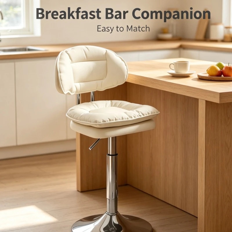 White Adjustable Height Bar Stool With Cushioned Seat And Backrest Kitchen Island Counter Chair For Dining Area
