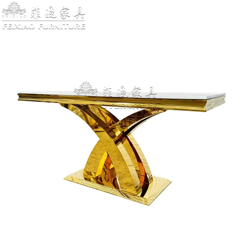 Modern White MDF Dining Table Gold Stainless Steel X Base Luxury Hotel Restaurant Furniture Elegant Cross Leg Design for Home
