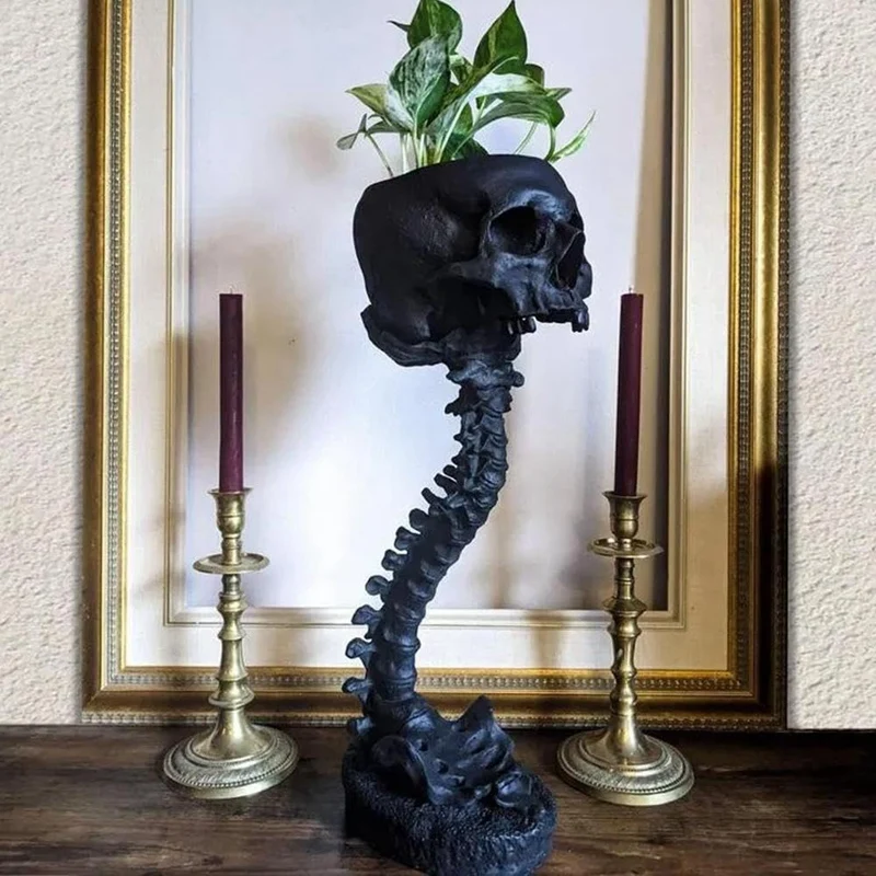 

Resin Skull Planter & Spine Stand Set, Polyresin Skulls Pot, Halloween Decoration Retro Human Skull Head Flower