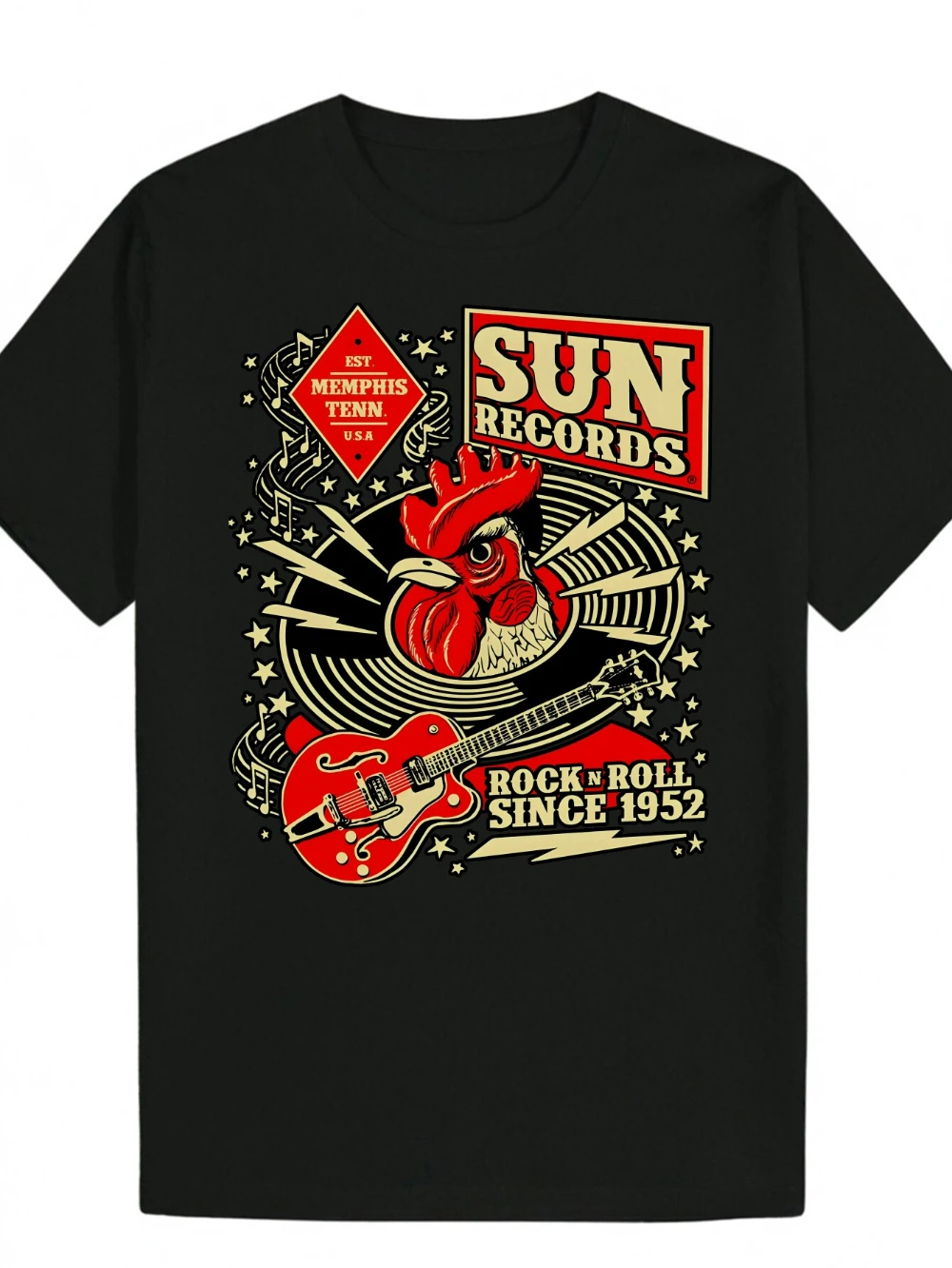 Men's Vintage Memphis Sun Records Rock 'n' Roll T-Shirt Retro Music Tee Rooster Guitar Iconic Logo Men's T-shirts for Summer