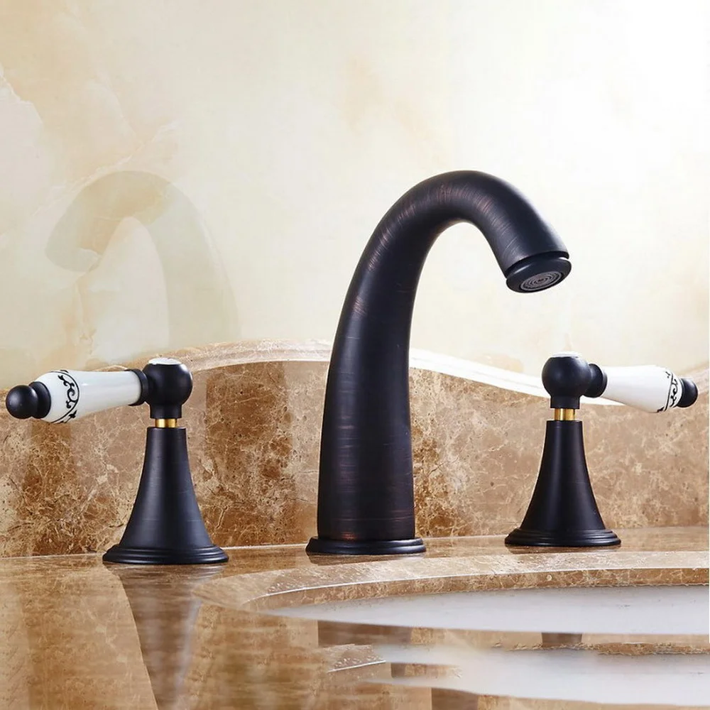 

Oil Rubbed Bronze Double Handle Basin Faucet Deck Mounted Bathroom Tub Sink Mixer Taps Widespread 3 Holes zhg082