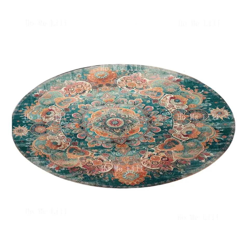 Turquoise Circle Rug Floral Medallion Mat Bordered Round Rug Gothic Circle Carpet