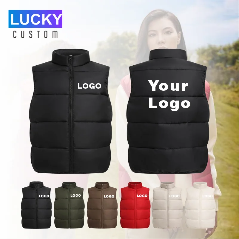 Customized Logo Winter Coat Windproof Vest Thick Stand Up Collar DIY Down Cotton Printing Company Brand Jacket Sleeveless