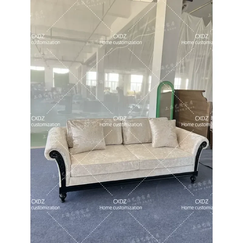 Solid Wood Carved Floral Fabric Flannel 3 Seater Sofa Beige Simple Light Luxury Style for Living Room Small Apartment Custom