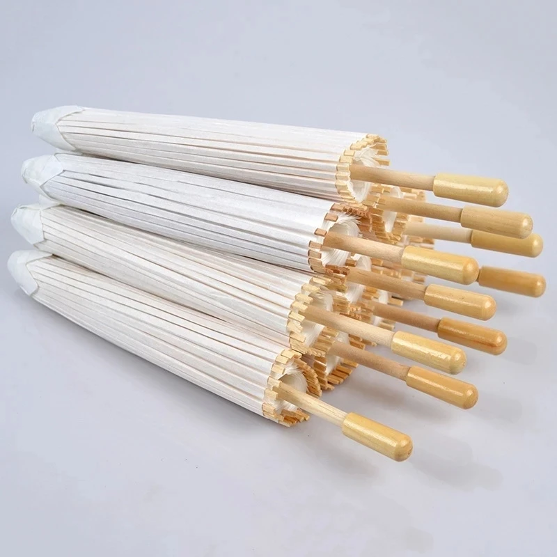 50pcs 60/80cm White Paper Long-handle Parasol Chinese Craft Paper Umbrella for Wedding Photograph Accessory Party Decors