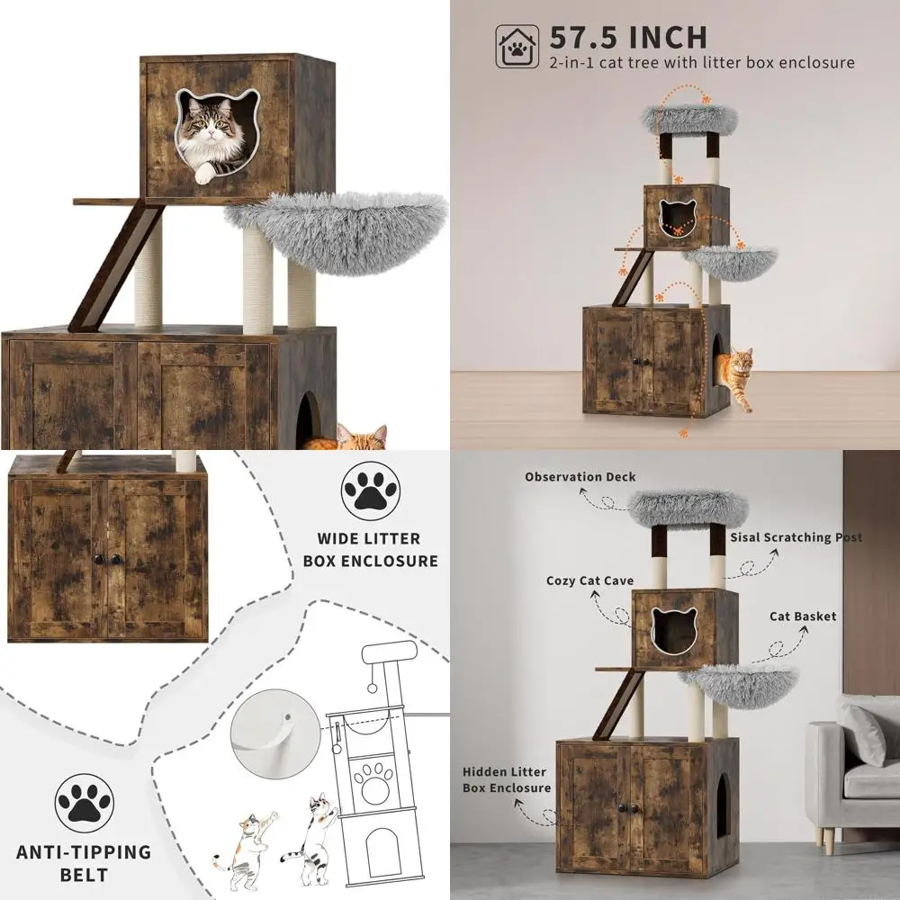 

57.5 Multi-Level Cat Tower with Enclosed Litter Box, Hammock, and Scratching Posts