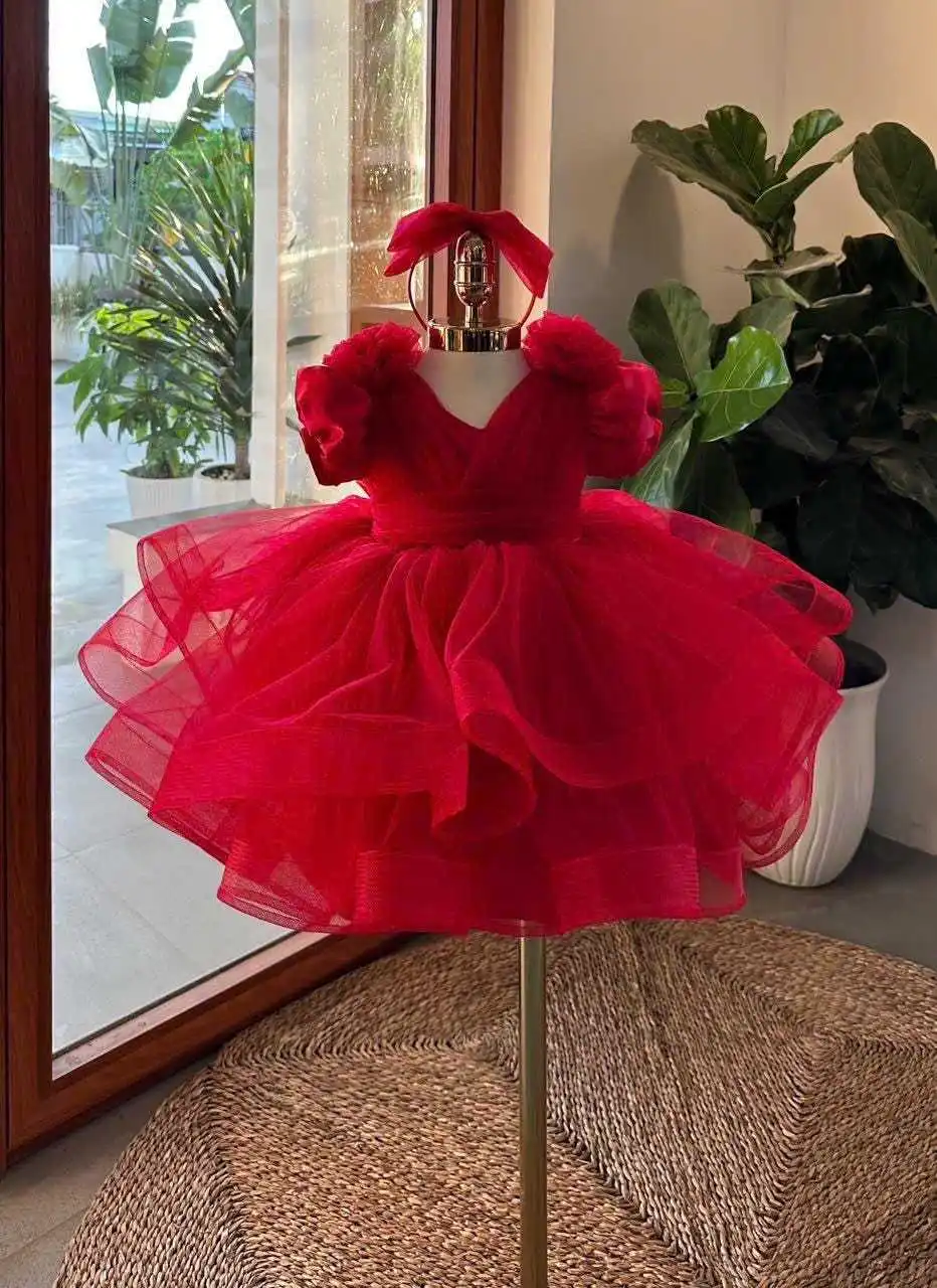 

New year 2025 red Kids Dress for Girls Wedding Floral Dress V-neck backless Princess Party Pageant Formal Gown Children Dress