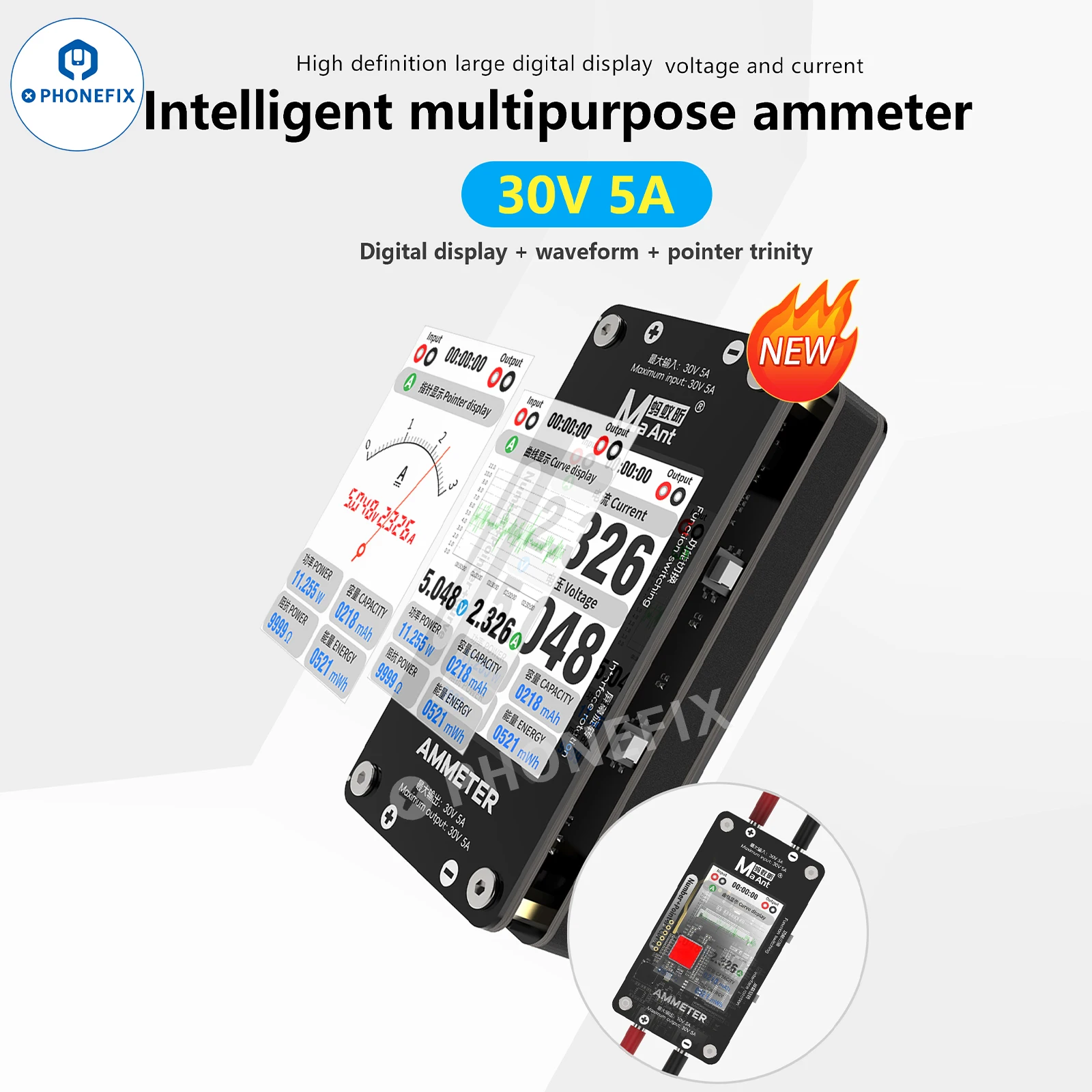

MaAnt DL-02 Smart Ammeter 30V 5A Number + Pointer + Curve Graphic Digital Display PCB Faults Current Voltage Rapid Measurement