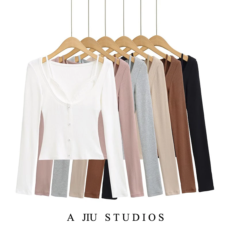 Kardaian Sexy Lace Trim Long Sve round Ne Base irt Pure Desire Slim Fit Two Piece Set T irt for Women Spring Sle