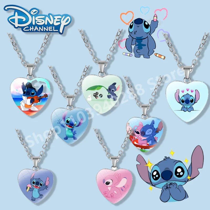 New Disney Lilo & Stitch Necklaces Heart Kawaii Printed Photo Glass Pendant Children Holiday Gifts Handmade Jewelry