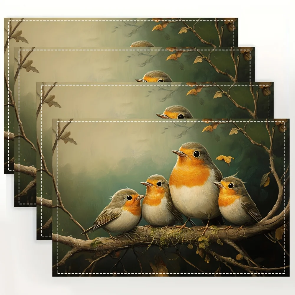 Robin Family Table Mats Linen Placemats with Vibrant Bird & Floral Design, Perfect for Dining, Kitchen, and Holiday Decor