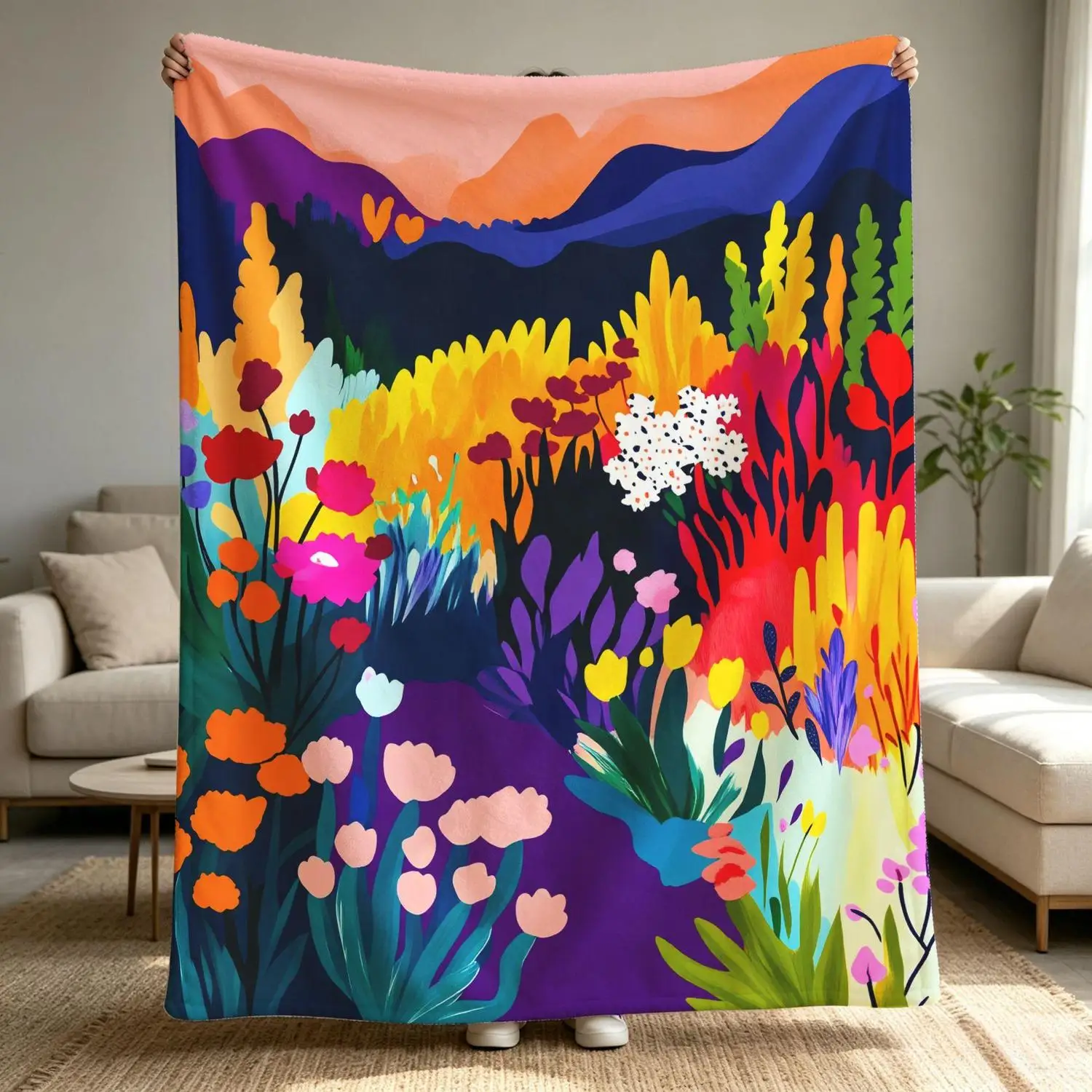 [Flannel Blanket] Colorful Floral Blanket with Bohemian Style Floral Patterns, Perfect for Bedroom Decor for Those Who Love Nature
