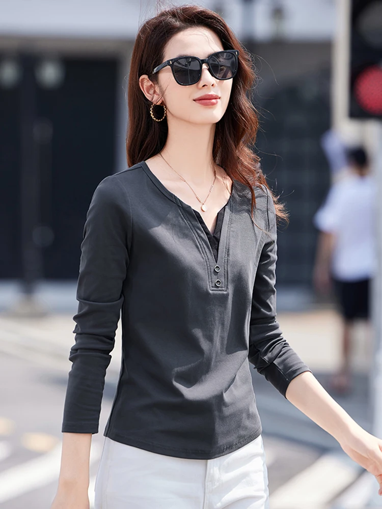 New Women Contrast Color Cotton T-shirt Spring Autumn Fashion Patchwork Small V-Neck Long Sleeve Tees Tops Casual Slim T-shirt