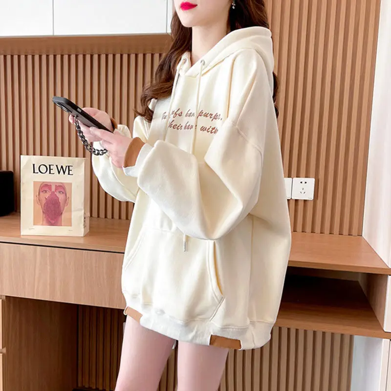 

Solid Color Young Style Hoodies Streetwear Fashion Loose Thin Autumn Letter Lacing Long Sleeve Pullovers Casual Women Clothing