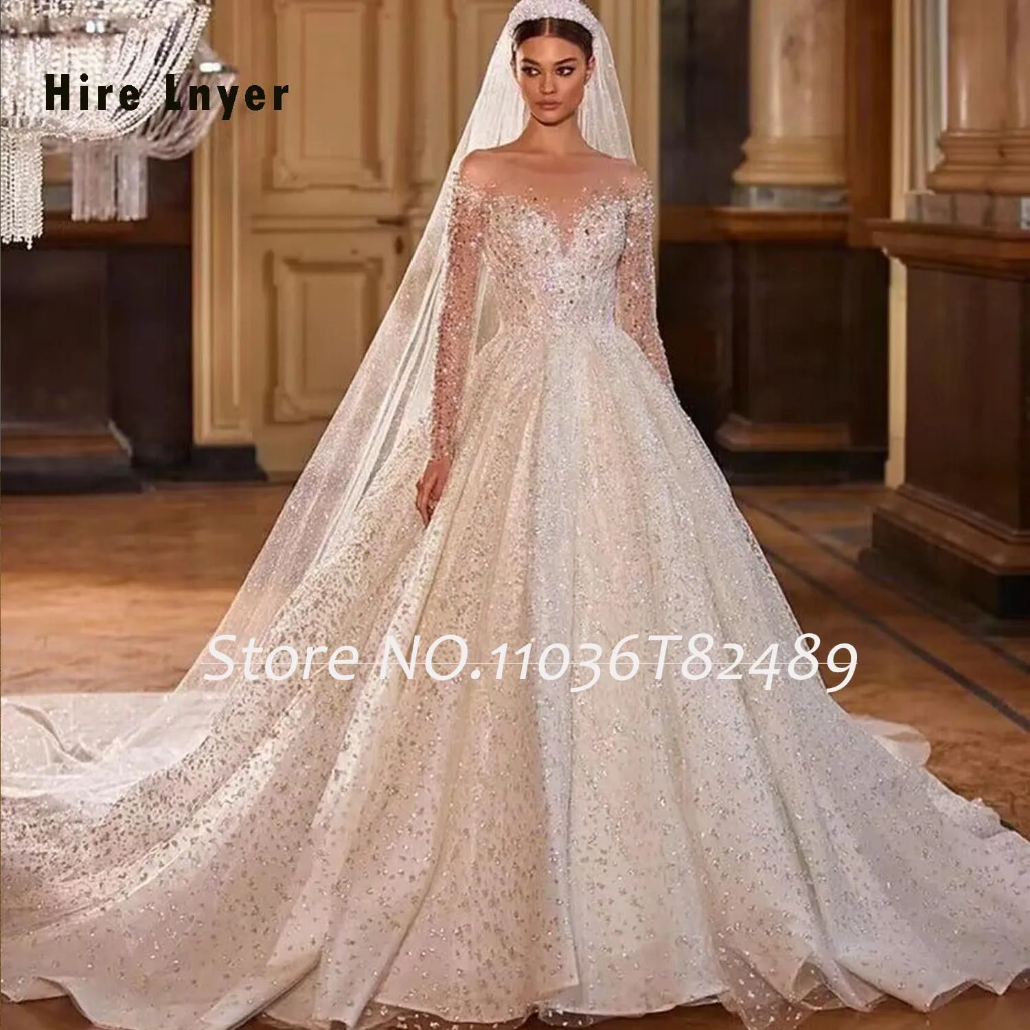 Vestidos de novia Kristall perlen glänzende Ballkleid Brautkleider mit Langarm Illusion zurück Vintage Robe Mariage