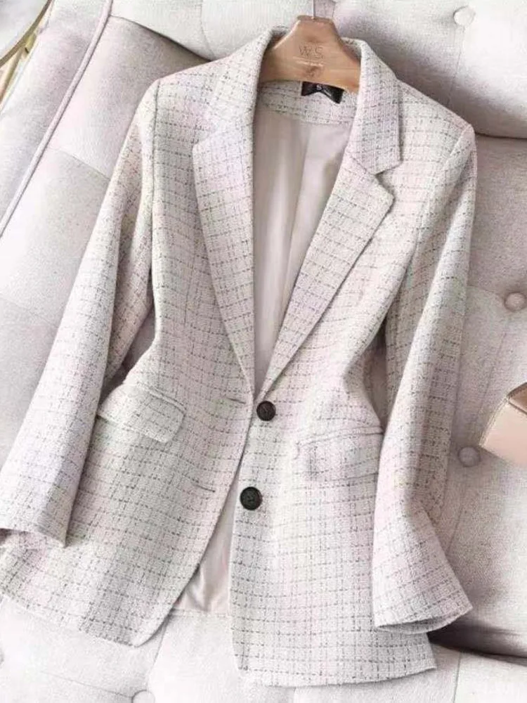 Blazer xadrez de manga longa feminino, jaqueta casual elegante, escritório, blazer clássico de temperamento chique, primavera, outono, novo, moda,