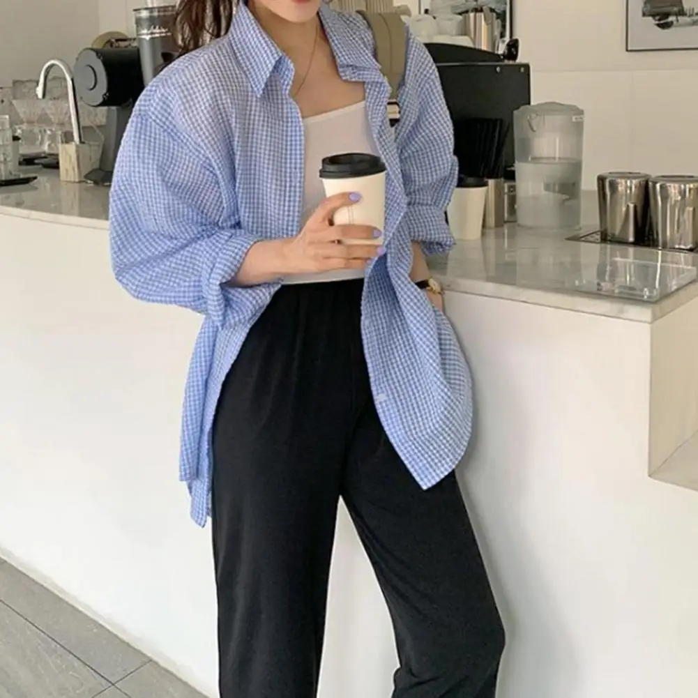 Koreaans damesshirt zonnebrandcrème lange mouwen shirt zomer dames losse casual enkele rij knopen kraag geruit